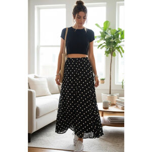 Flint & Moss New York Black White Polka Dot Maxi Skirt Size M Chiffon Flowy Boho